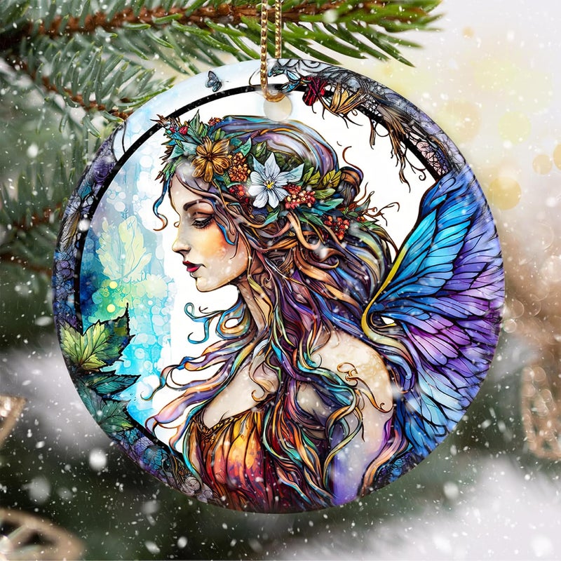 Touber Stained Ceramic Fairy Ornament - Fairy Christmas Ornaments - Christmas Tree Ornaments - Christmas Decorations - Fairy Decor for Office, Room, Home - Holiday Present Ideas - B - Image 1